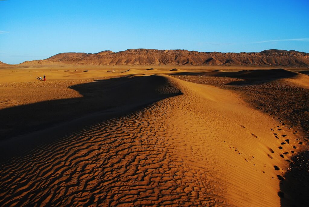 zagora, desert, morocco, blue sky, sahara, africa, sand, travel, dune, summer, berber, arab, outdoor, extreme, dry, orange, moroccan, mountain, nature, heat, arabic, landscape, sky, sun, sunny, horizon, horizontal, oasis, blue, yellow, exotic, hot, tourism