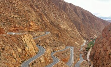 Aerial view of the winding road through Dades Gorges, Morocco.