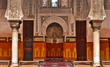 Beautifully detailed interior architecture of a historical building in Fès, Morocco.