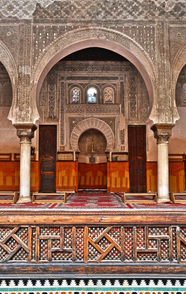 Beautifully detailed interior architecture of a historical building in Fès, Morocco.