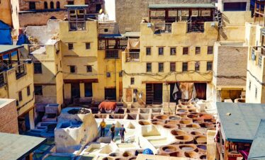 Aerial view of the vibrant leather tannery showcasing traditional methods in Fes, Morocco.