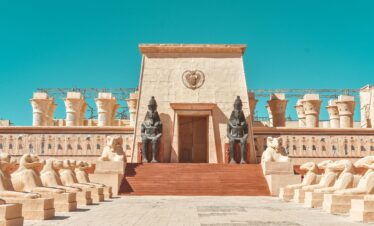Stunning ancient Egyptian-inspired facade at Atlas Film Studio, Ouarzazate, Morocco.